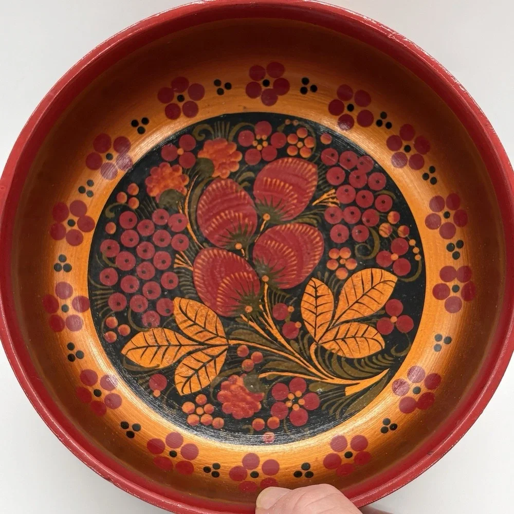 Russian Art Khokhloma Wooden Bowl Matching Spoon Traditional Floral Berry Design